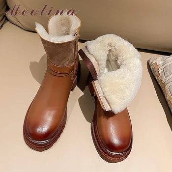 Meotina/ Женские ботильоны из натуральной кожи на меху, шерстяные ботинки с круглым носком на платформе, на толстом среднем каблуке, с застежкой-молнией, женские короткие ботинки, зимняя обувь