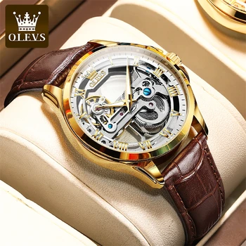 OLEVS Модные прозрачные механические часы со скелетом, мужские кожаные Водонепроницаемые светящиеся стрелки, автоматические часы в стиле стимпанк для мужчин