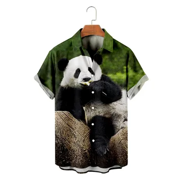 Гавайская мужская пляжная рубашка, мужской модный повседневный топ с принтом панды, Короткий рукав, Тонкая Повседневная Официальная одежда, Гавайские рубашки