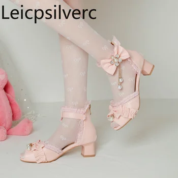 Женские сандалии, летний Новый стиль, модные удобные кружевные хрустальные женские туфли в стиле Лолиты с бабочкой и узлом, большие размеры 28-43