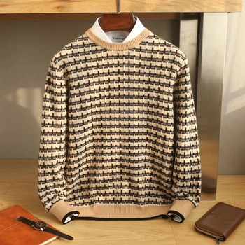 Зима 2022, 100% шерстяной свитер, мужской пуловер с круглым вырезом контрастного цвета, толстый свитер в стиле ретро, модный повседневный свободный вязаный низ